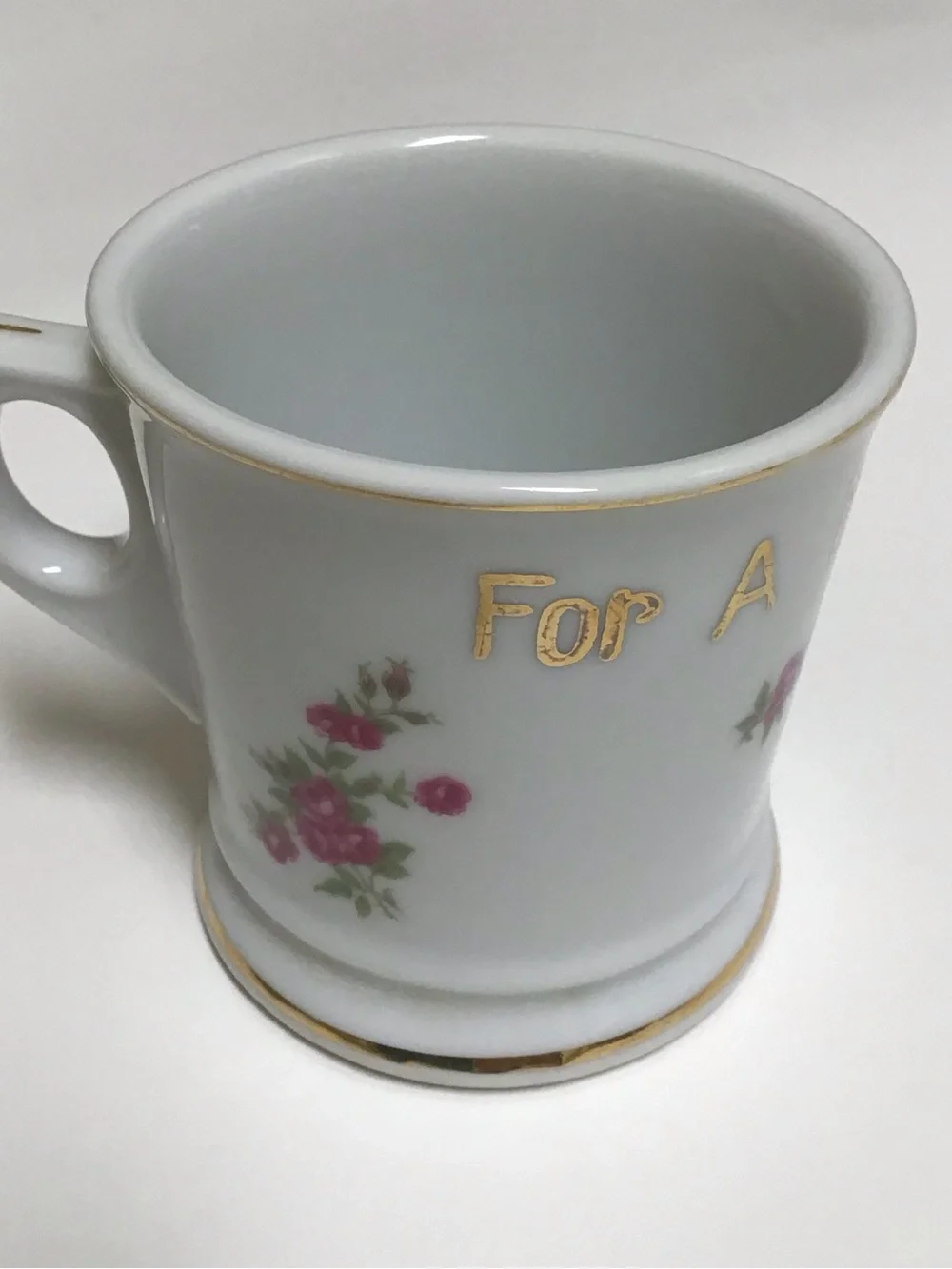 Vintage Shaving Mug FOR A LITTLE SHAVER Girl’s White Pink Roses Bouquet Ribbons
